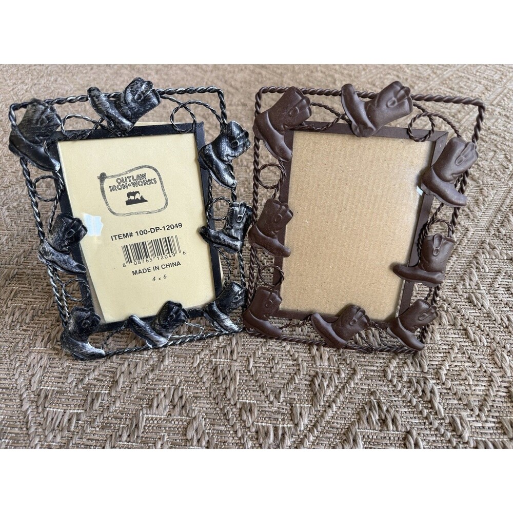 Outlaw Iron Works 2 Set Western Pewter Frame for 4"X6" Photo Cowboy Boots/Rope